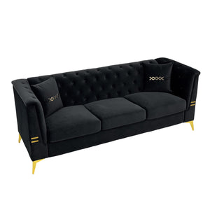 English Elm Fx-P83-Bk3 Modern Mid-Century 3-Seater Sofa With Gold Legs & Plush Faux Sherpa, Elegant Chesterfield Design W576S00217