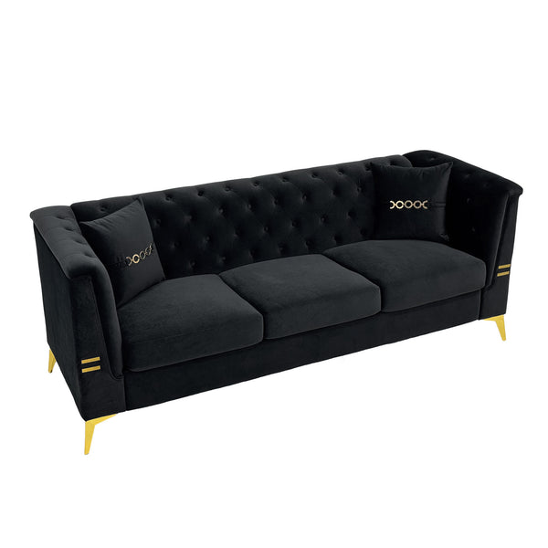 English Elm Fx-P83-Bk3 Modern Mid-Century 3-Seater Sofa With Gold Legs & Plush Faux Sherpa, Elegant Chesterfield Design W576S00217