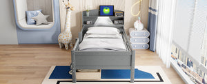 English Elm Wood Twin Size Platform Bed with Built-in LED Light, Multifunctional Headboard, Guardrail & Storage Drawers Gray N709P243969E