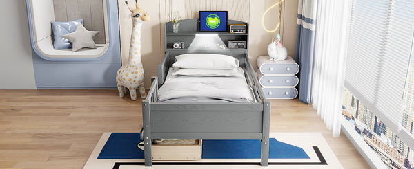 English Elm Wood Twin Size Platform Bed with Built-in LED Light, Multifunctional Headboard, Guardrail & Storage Drawers Gray N709P243969E