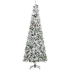 English Elm Homcom 9 Foot Snow Flocked Pencil Christmas Tree With Pine Cones & Berries For Compact Spaces W2225P229733