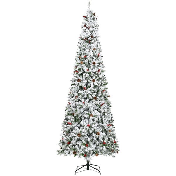 English Elm Homcom 9 Foot Snow Flocked Pencil Christmas Tree With Pine Cones & Berries For Compact Spaces W2225P229733