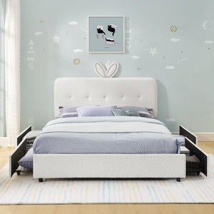 English Elm Full Size Kids Storage Bed Boucle Upholstered Rabbit Ear Headboard with Led Lighting Beige W1413P384924