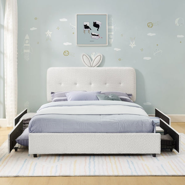 English Elm Full Size Kids Storage Bed Boucle Upholstered Rabbit Ear Headboard with Led Lighting Beige W1413P384924