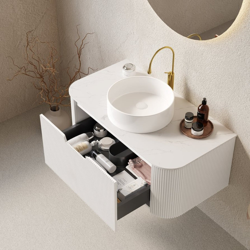 English Elm Dina Floating Bathroom Vanity Sintered Stone Top Glass Basin Striped Plywood Cabinet W2615S00430