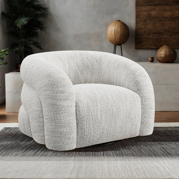 English Elm Contemporary Sculpted Barrel-Back Arm Chair with Smooth Casters, Neutral Textured Upholstery, Stylish Accent Seating White 38 L x 37 W x 29 H B2741P401980