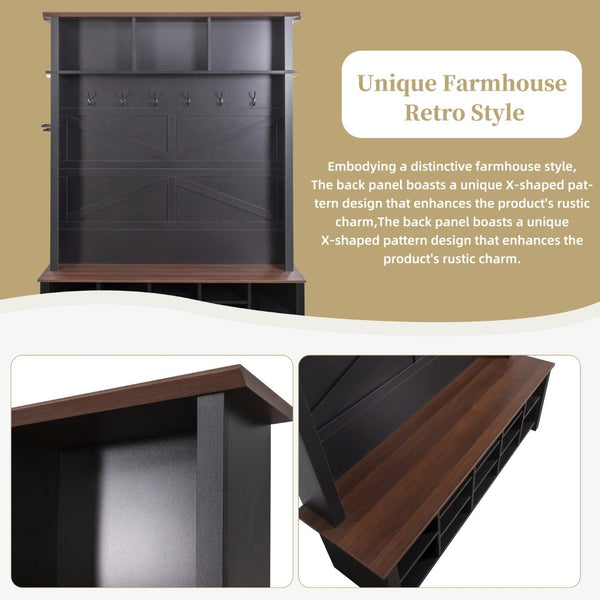 English Elm Farmhouse Hall Tree Entryway Organizer with Bench 16 Compartments and 6 Coat Hooks N721S000064B-1