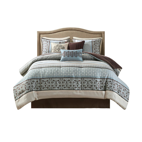 English Elm 7 Piece Comforter Set - Elegant Geometric Design In Soft Blue & Ivory For Queen Beds, Easy Care & Stylish B03597161