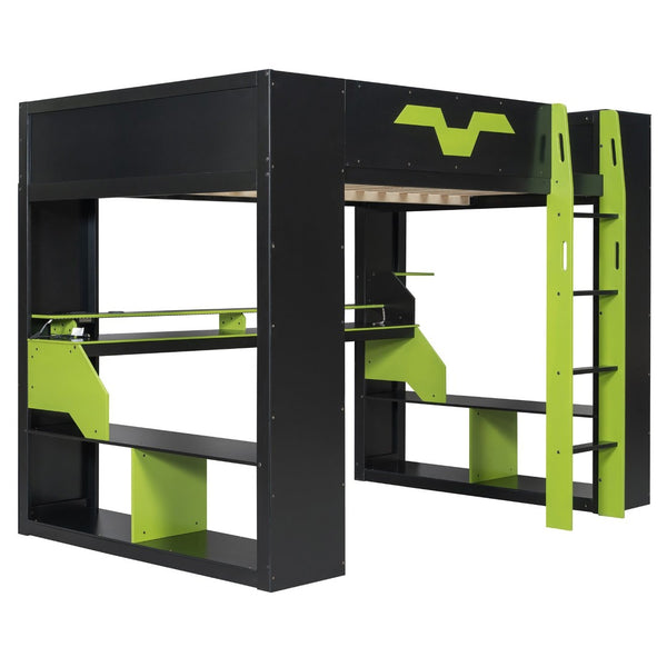 English Elm Full Size Gaming Loft Bed with Rgb Lighting Built-in Desk and Usb Charging Ports Green LT000275AAF