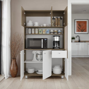 English Elm Lehr Tall White Pantry Cabinet with Six Doors One Drawer and Vertical Kitchen Storage B097S00250