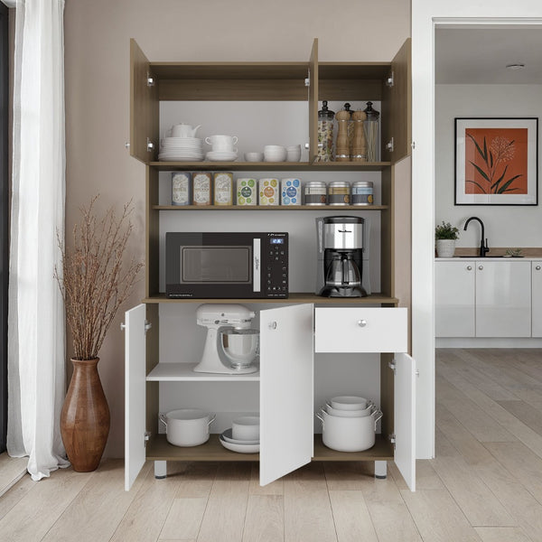 English Elm Lehr Tall White Pantry Cabinet with Six Doors One Drawer and Vertical Kitchen Storage B097S00250