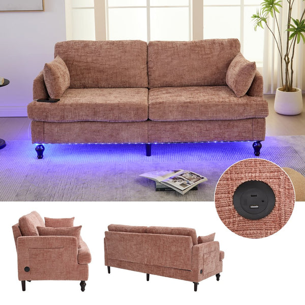 English Elm Modern chenille 2-seater sofa with LED, USB charging, storage pocket, solid wood legs, durable comfort Pink W395P318541