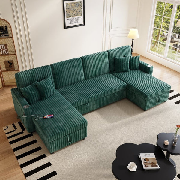 English Elm U Shaped Sectional Sleeper Sofa Corduroy Pull Out Bed with Storage Living Room W1825P501595