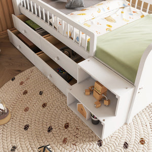 English Elm Low Twin Loft Bed with House-Style Headboard and Built-In LED Lights for Modern Kids' Rooms White 42.91 L x 28.35 W x 6.69 H W2593S00006