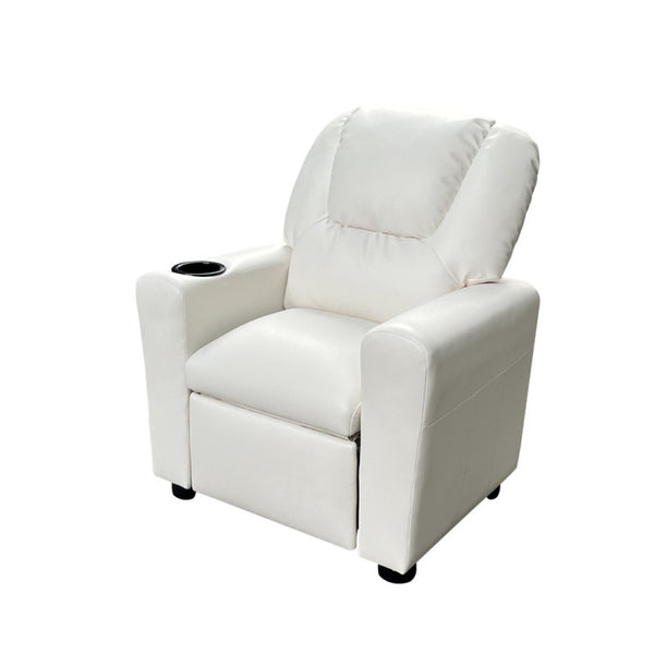 English Elm Carisa Youth Pu Leather Recliner Chair with Cupholder for Playroom or Bedroom White B2749P413216