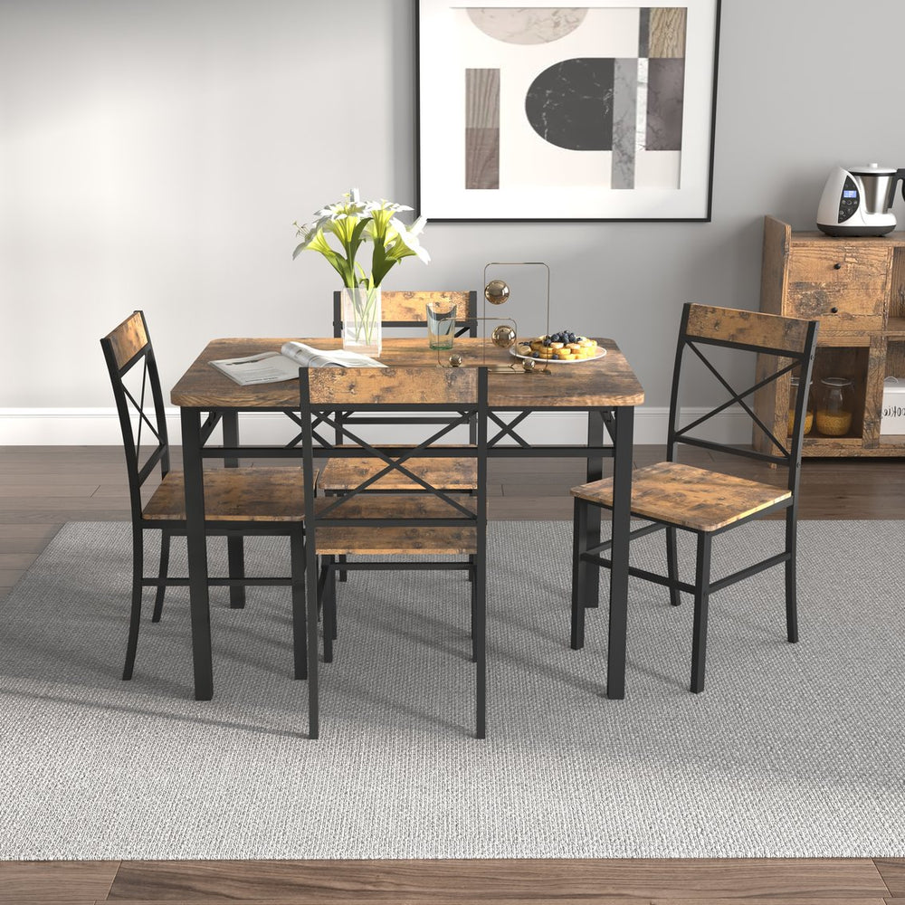 English Elm Dining Table Set for 4 Rustic MDF & Steel I-Frame | Compact Black+Brown Dining Set, Easy Clean, Cozy Comfort W2129P309909