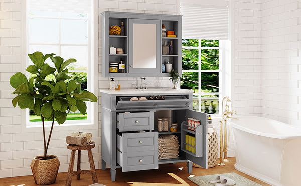 English Elm 36'' Bathroom Vanity With Medicine Cabinet - Modern Grey Storage Solution With Soft-Closing Design SW000134AAE-3