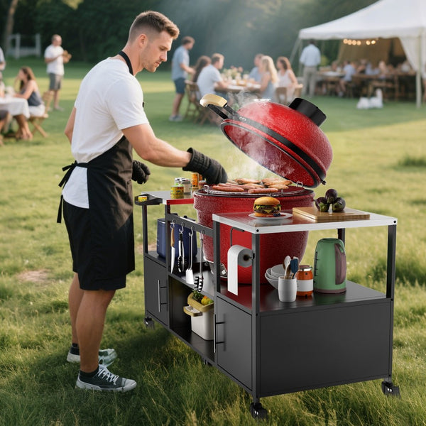 English Elm Outdoor Heavy Duty Steel Kamado Grill Cart with Locking Casters and Storage Boxes W3190P305792