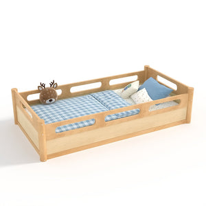English Elm Twin Low Profile Floor Bed with Guardrails Pine Wood Frame Minimalist Bedroom Natural W1580P438791