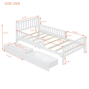 English Elm Twin Pinewood Platform Bed with Headboard, Guardrails & Two Underbed Drawers for Storage White 70.6 L x 17.1 W x 5.9 H N733P172696K