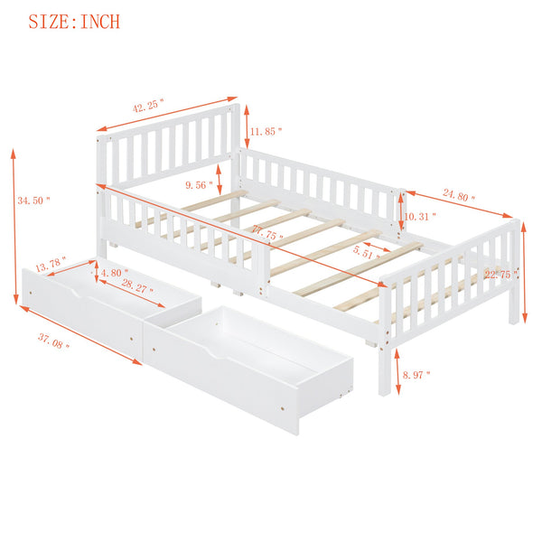 English Elm Twin Pinewood Platform Bed with Headboard, Guardrails & Two Underbed Drawers for Storage White 70.6 L x 17.1 W x 5.9 H N733P172696K