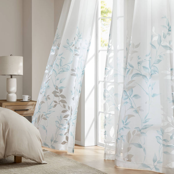 JLA Home Madison Park - Burnout Botanical Curtain Panel with OEKO-TEX Fabric, Silver Grommets, Textured Layered Print for Modern Rooms Aqua MP40-7228