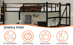 English Elm Loft loft bed with L-shaped desk, built-in storage stairs, 360° guardrail, sturdy iron frame for small rooms Black W1935S00003