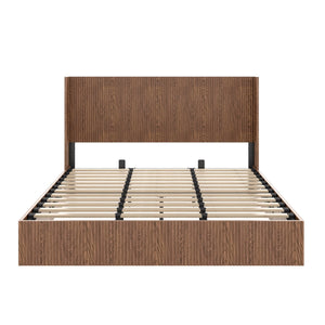 English Elm Large Walnut Grooved Lift Storage Bed King - Rustic Slatted Wooden Platform with Dual Hydraulic Lift and Stainless Steel Reinforced Headboard W1858S00004