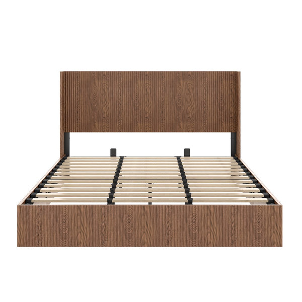 English Elm Large Walnut Grooved Lift Storage Bed King - Rustic Slatted Wooden Platform with Dual Hydraulic Lift and Stainless Steel Reinforced Headboard W1858S00004