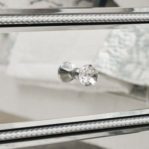 English Elm Three Drawer Mirrored Cabinet with Pearl Lacquer Finish and Crystal Pulls for Glam Decor W1005P416743
