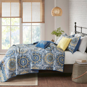 English Elm 6 Piece Tangiers Reversible Quilt Set King/Cal King Blue Yellow Floral Medallion Embroidered Pillows B03597624