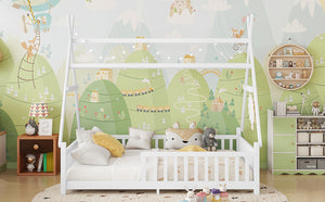 English Elm Full House Kids House Bed with Roof & Fence, Low Floor Solid Pine Frame, Stylish Nightlight Ready White 80.91 L x 15.55 W x 6.5 H W2593P296919