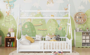 English Elm Twin Montessori Floor Bed House Frame with Led Lighting and Safety Rails for Kids White W2593P440589