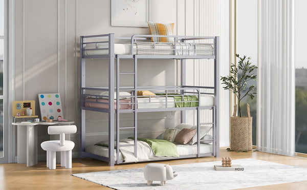English Elm Metal Triple Bunk Bed Steel Frame Twin Three Tier Guardrails for Shared Rooms Silver GX000230AAN