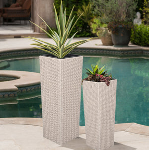 English Elm Christopher Knight Home® - Outdoor PE Wicker Flower Pots Set — 2 Beige PE Rattan Planters with Iron Frame, Drainage, No Assembly N772P247720E