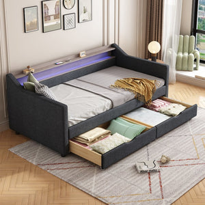 English Elm Twin Size Daybed With Usb Ports, Led Lighting & Storage Drawers For Modern Living Room Decor W2336S00026-GIGA