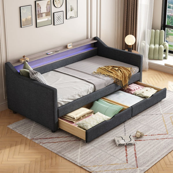 English Elm Twin Size Daybed With Usb Ports, Led Lighting & Storage Drawers For Modern Living Room Decor W2336S00026-GIGA
