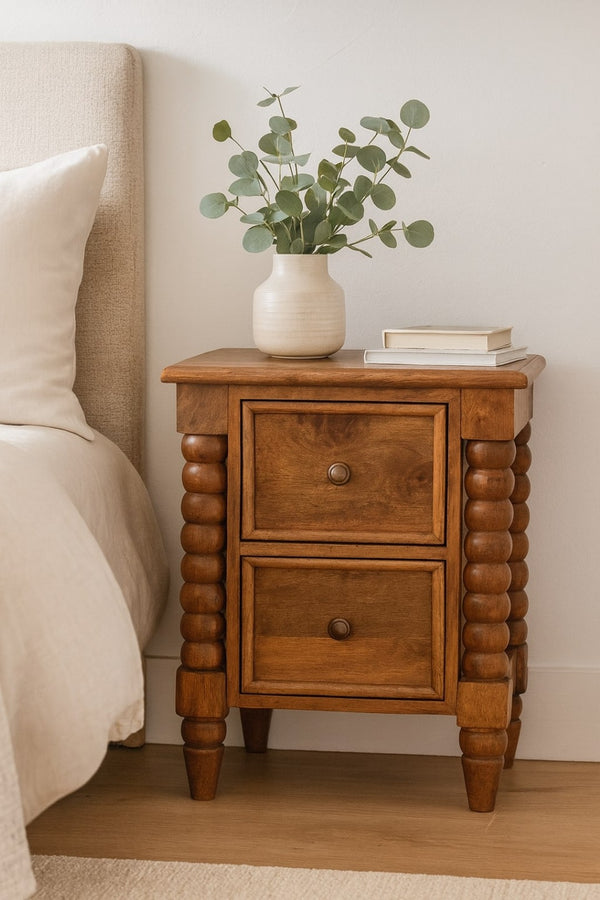 English Elm Solid Mango Wood Nightstand Hand-carved Barley Twist Legs Warm Amber Two Drawer B182P391943