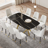 Hearth and Haven Large Modern Minimalist Rectangular Dining Table with 0.39 "Imitation Marble Black Tabletop and Golden Metal Legs, Paired with Chairs with Leatherette Cushions and Black Metal Legs. F-1538 C-007 W1151S00884 W1151S00884