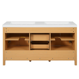 English Elm [video]59.3 Inch Wall Mounted Double Sink Vanity Wood Grain Mdf Soft Close Storage N729P000013O