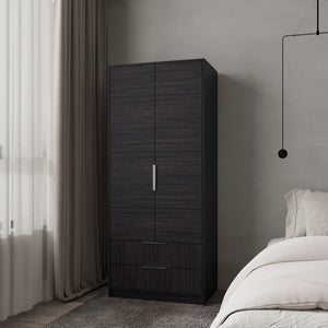 English Elm Forest 2 Door Wardrobe with Hanging Rod & 2 Drawers, Wengue — Compact Melamine Storage with Metal Handles, 74.4"H x 31.5"W x 20.5"D B128S00176