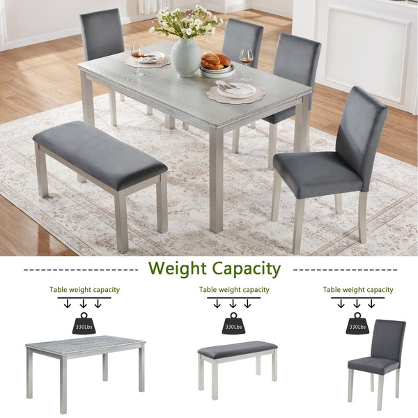 English Elm 6 Piece Wooden Dining Set With Upholstered Chairs And Bench – Elegant Silver Grey Table For 6 W1998S00067
