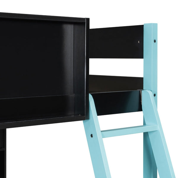 English Elm Full Size Gaming Loft Bed with Led Lighting Desk Drawers and Display Shelving Blue LT000263AAC