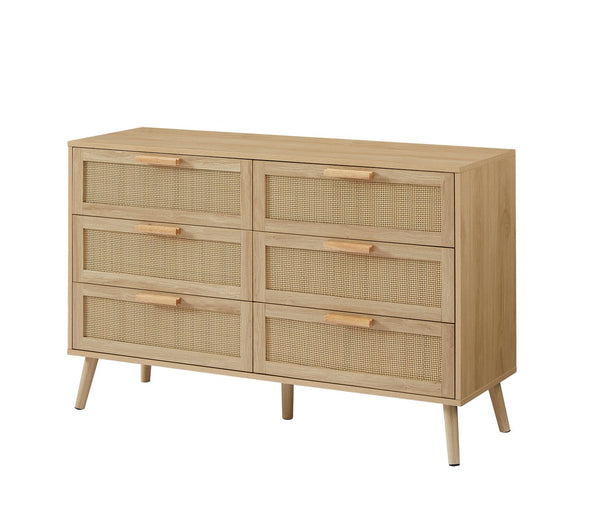 English Elm Bedroom Dresser: Versatile 6-Drawer Rattan Chest For Kids' Rooms & Hallways - Natural Wood Finish! W1162P190401