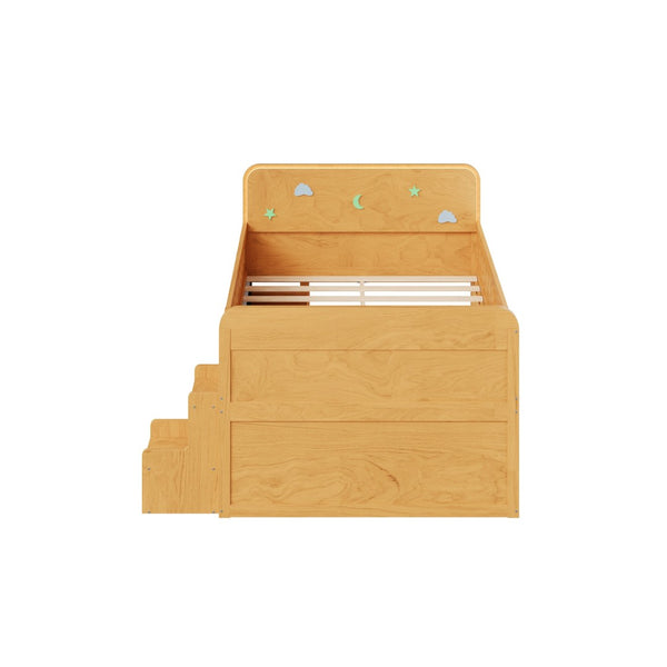 English Elm Wooden Full Bed Frame with Led Headboard Four Storage Drawers and Ladder Shelf Wood N7090004028D