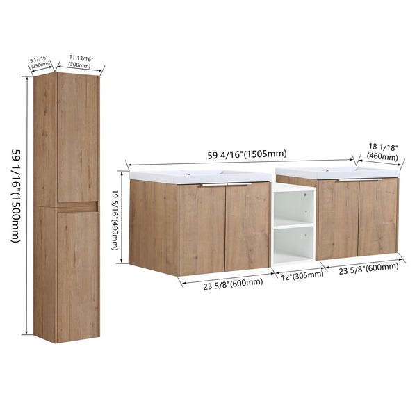 English Elm 60" Wall-Mounted Bathroom Vanity Set With Soft Close Doors, Resin Sinks & Organized Side Cabinets W999S00231