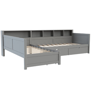 English Elm Twin Corner Daybed with Storage Drawers Bookshelf Wood L-shape Frame for Small Rooms Grey N733S369272E