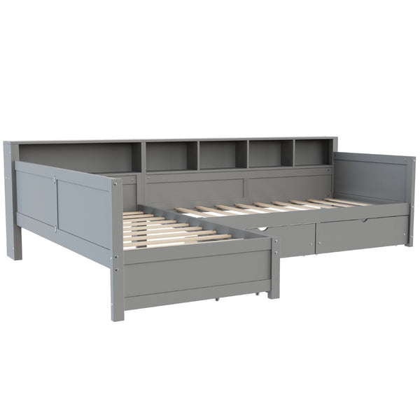 English Elm Twin Corner Daybed with Storage Drawers Bookshelf Wood L-shape Frame for Small Rooms Grey N733S369272E