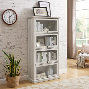 English Elm Glass 4-Tier Display Cabinet with Tempered Glass Doors, Flip-Up Access, Aluminum Frame, Elegant Chic Storage for Collectibles and Books Antique White W2275P206602