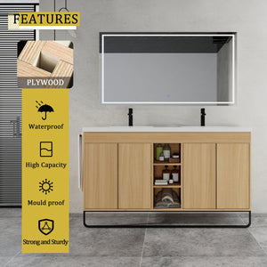 English Elm 60" Freestanding Bathroom Vanity with Dual Resin Sink, 4 Soft-Close Doors, 3 Open Shelves & Towel Hanger, Plywood Storage Boxes, Modern Durable Hardware W999S00480